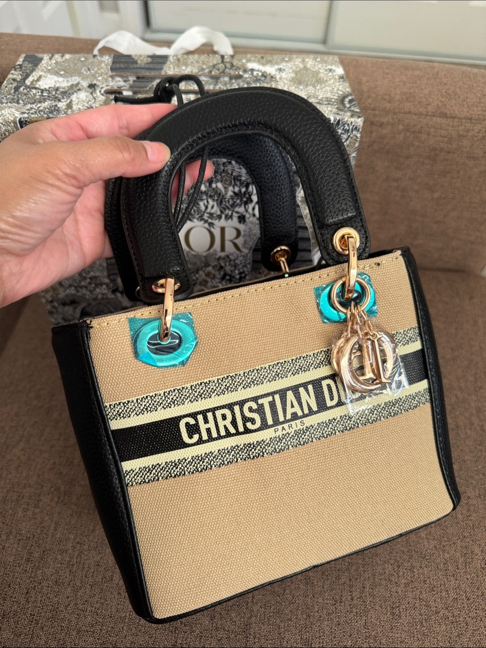 Dior Beige Canvas Mini Lady Tote with Black Leather, Gold Hardware